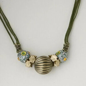 Hand Crafted Chunky Kashmiri Lac Clay Antiqued Brass Olive Green Necklace